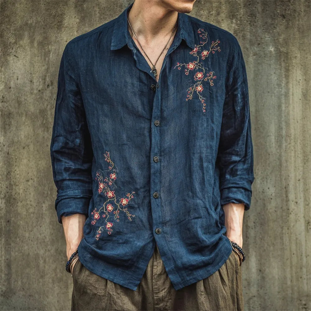 Vintage Japanese Plum Flower Embroidery Men's Linen Long Sleeve Shirt