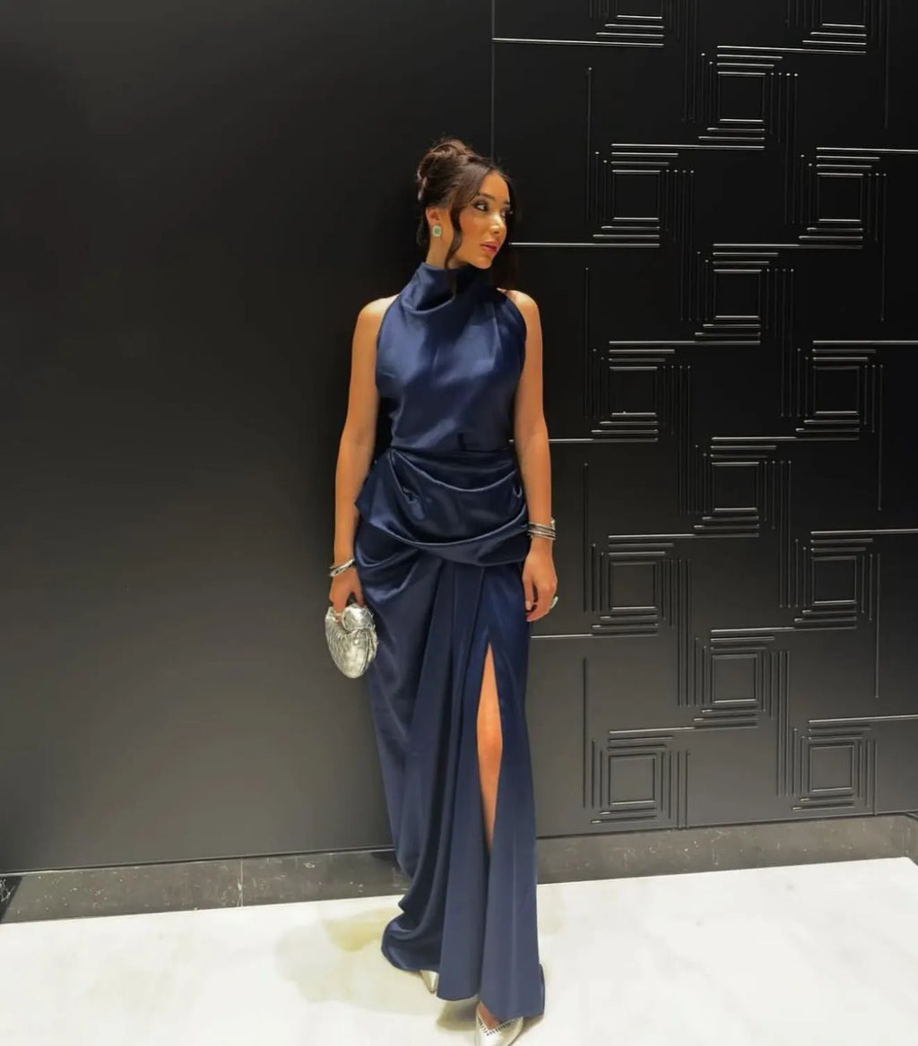 Cocoslly High Neck Sleeveless High Waist Long Prom Dress With Split | Navy Blue Satin CO0105
