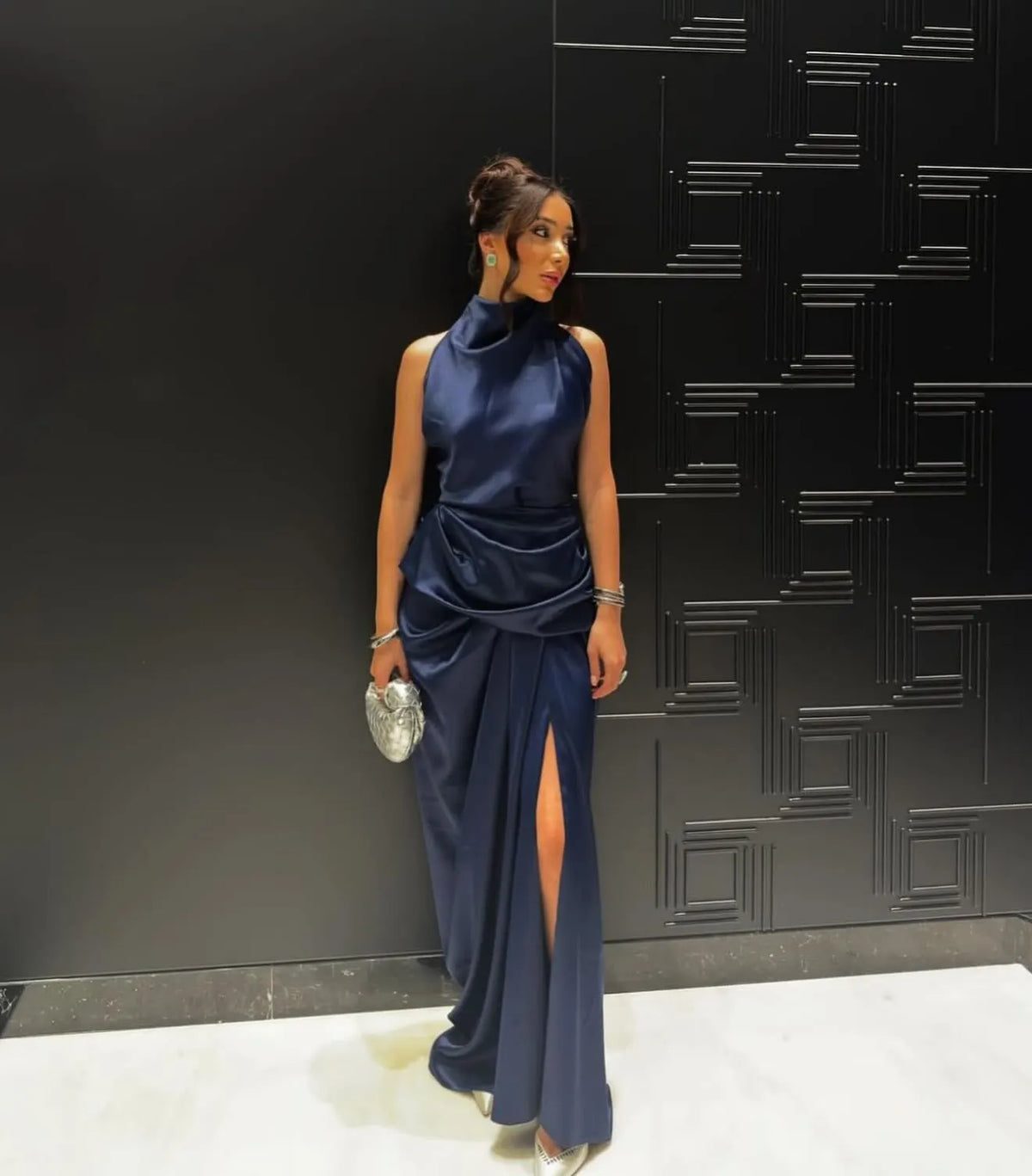 Cocoslly High Neck Sleeveless High Waist Long Prom Dress With Split | Navy Blue Satin CO0105
