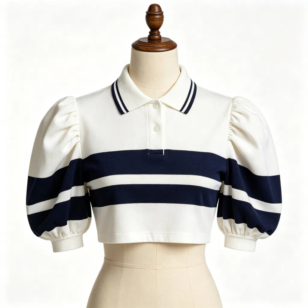 Puff Sleeve Striped Polo Shirt Romantic Tennis