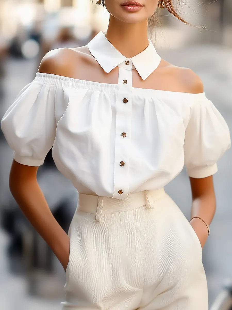 Chic Off-Shoulder Button-Up Blouse with Statement Collar