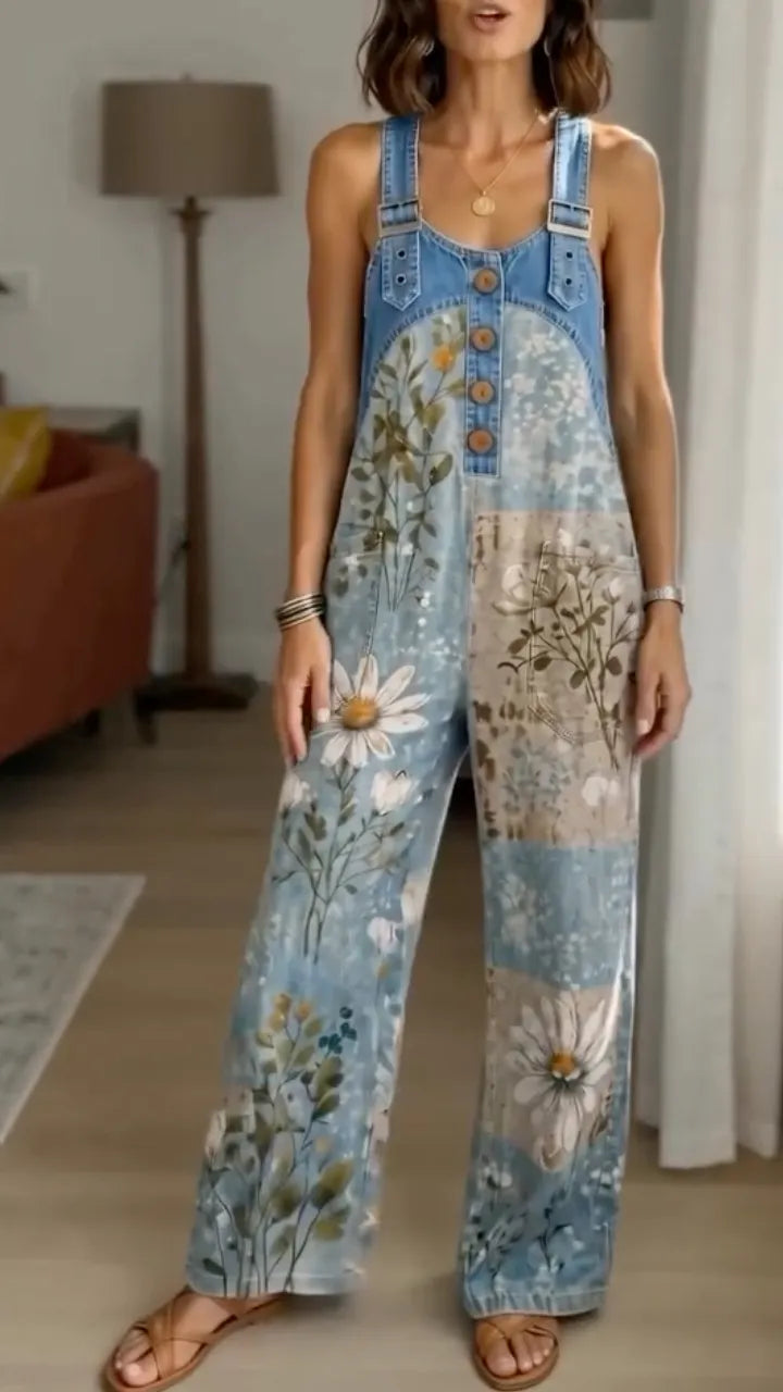 Women's Floral Print Denim Overalls