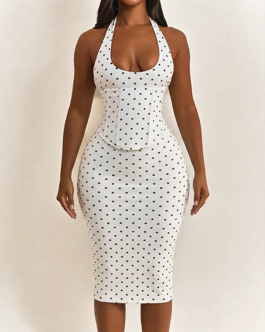 Polka Dot Hourgalss Corset Halter Midi Dress with Lace-Up Back Two-Piece Set