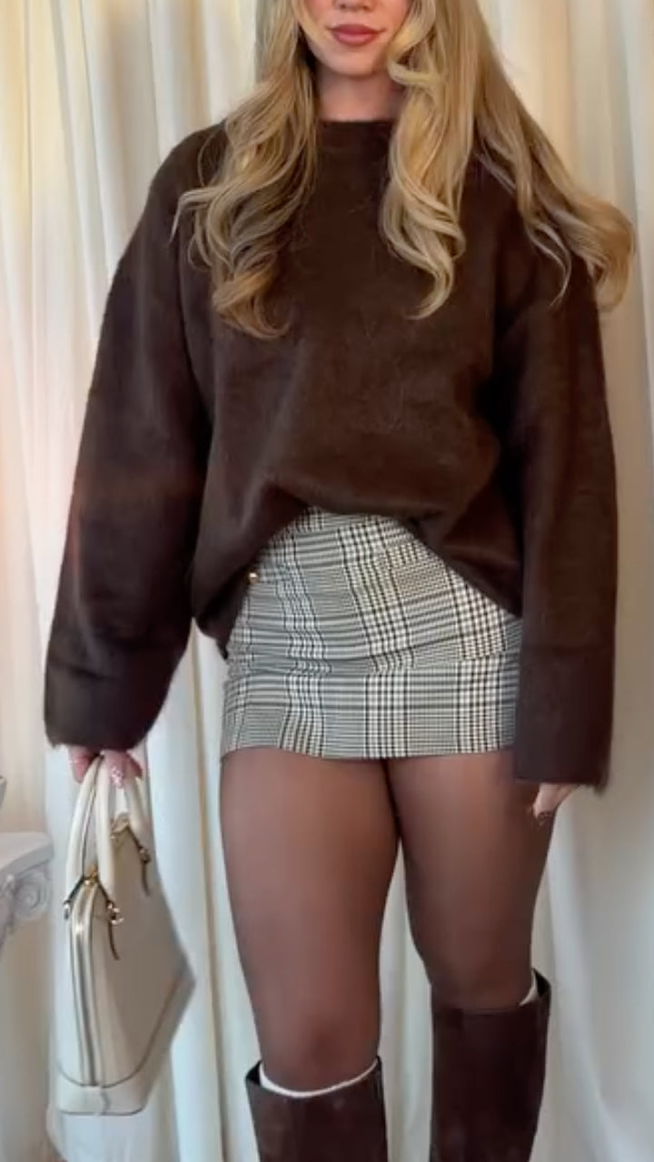 Relaxed Knit Sweater & Plaid Mini Skirt Set