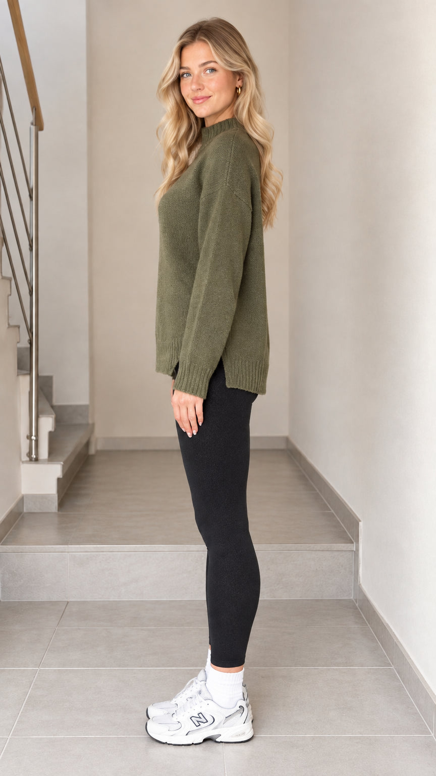 Women's Mock Neck Side Slit Knit Sweater Relaxed Fit Pullover