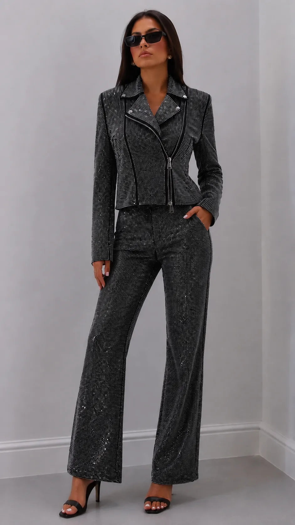 Rhinestone Biker Jacket & Wide Leg Pants Two‑Piece Suit