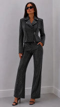 Rhinestone Biker Jacket & Wide Leg Pants Two‑Piece Suit
