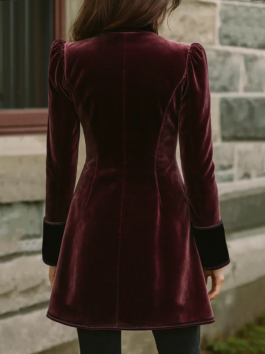 Vintage Contrast Trim Embroidered Velvet Coat