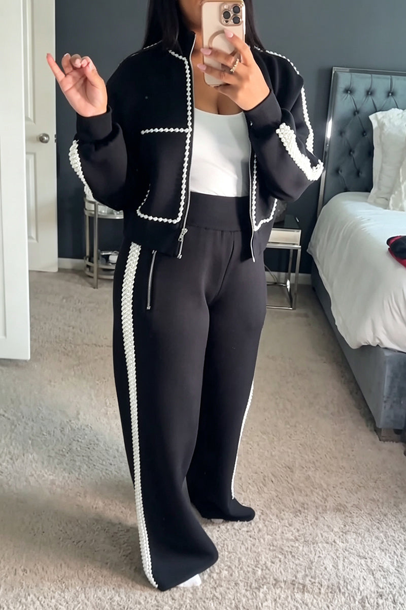 Women's Casual Beads Decoration Short Jacket or Pants