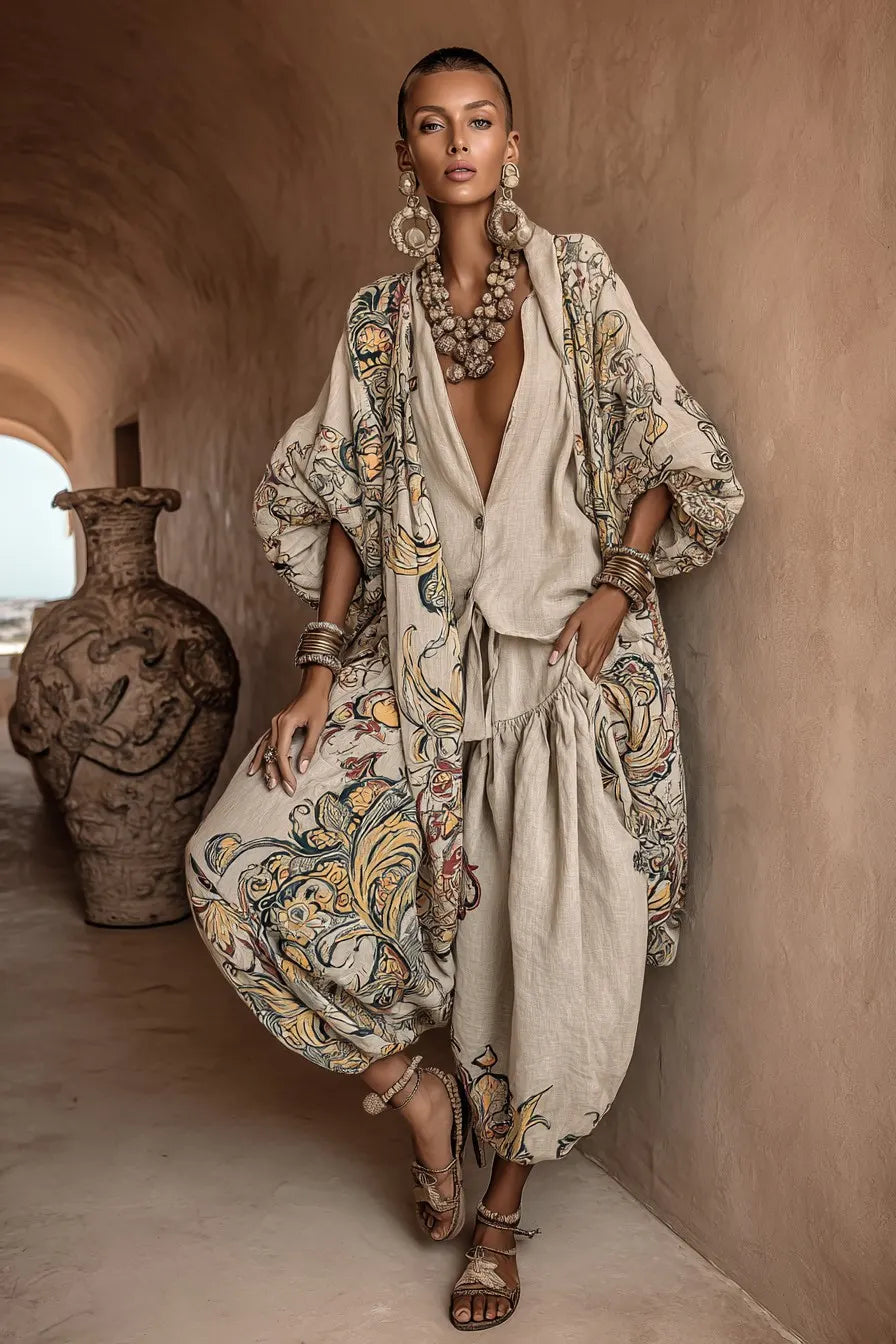 Women's Casual Linen Top Pants Jacket 3 Piece Set