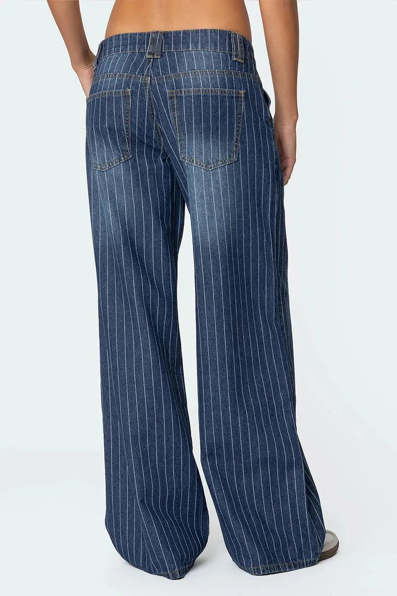 Women's Blue Washed Straight Jeans With Vertical Stripes