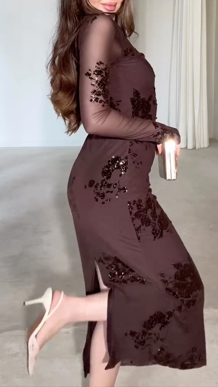 Chocolate Sequin Floral Mesh Long-Sleeve Maxi Dress