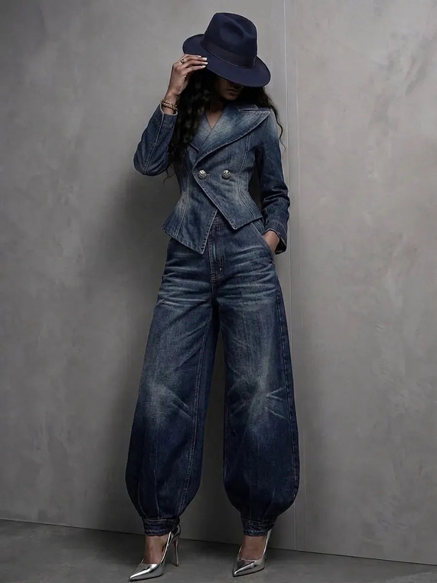 Chic Washed Denim Double-Breasted Peplum Blazer