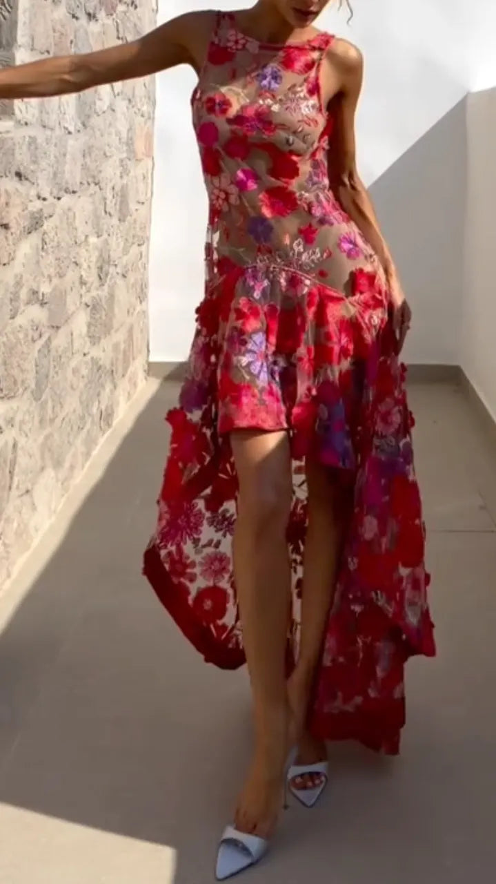 3D Floral Mesh High Low Maxi Dress
