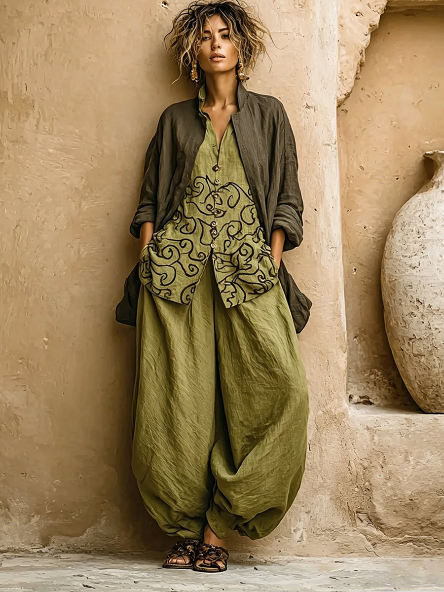 Bohemian Three-piece Set: Ethnic-print Cotton-linen Long Cardigan, Sleeveless Top, And Trousers