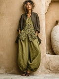 Bohemian Three-piece Set: Ethnic-print Cotton-linen Long Cardigan, Sleeveless Top, And Trousers
