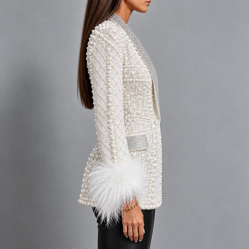 Pearl-Embellished Rhinestone-Lapel Feather-Cuff Blazer