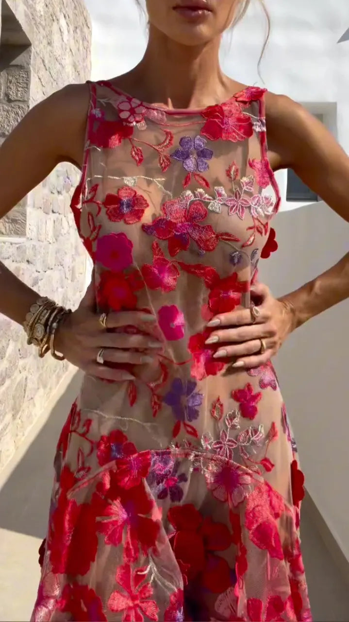 3D Floral Mesh High Low Maxi Dress