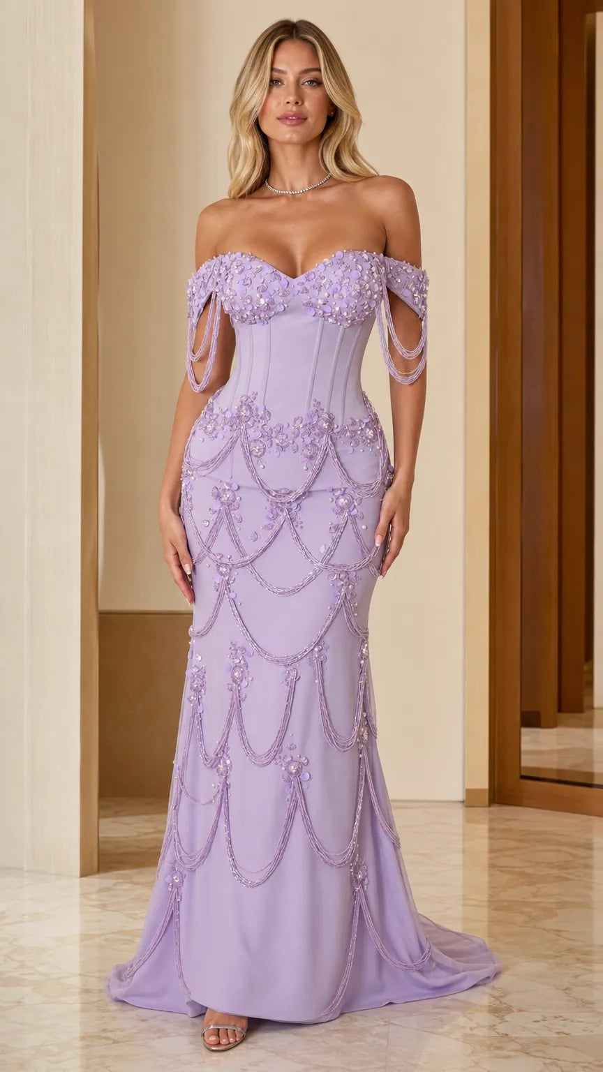 Off-the-Shoulder Beaded Corset Evening Gown with Cascading Swags