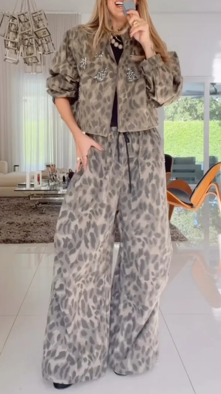 Taupe Leopard-Print Jacket and Wide-Leg Pants Set