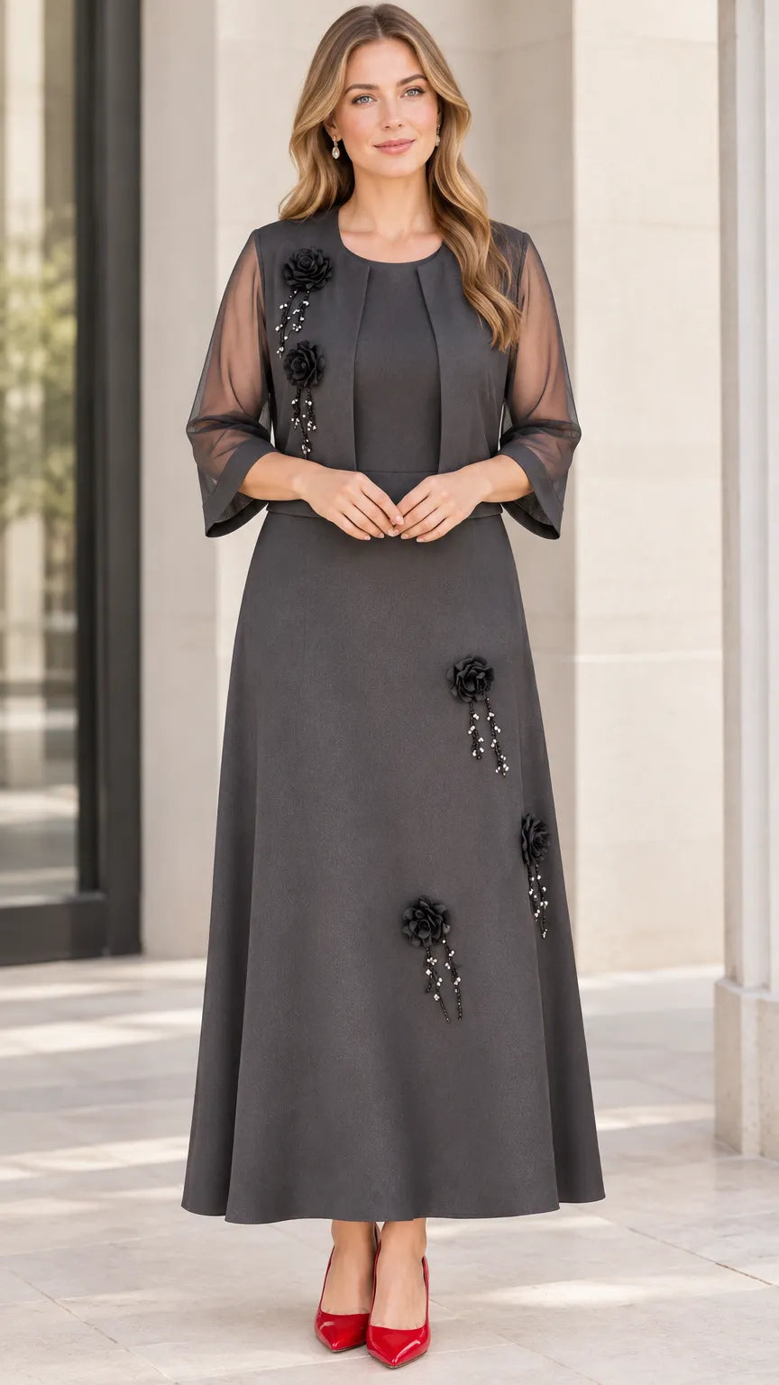 Floral Applique Two-Piece Maxi Dress Set with Sheer Sleeve Bolero Jacket