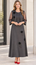 Floral Applique Two-Piece Maxi Dress Set with Sheer Sleeve Bolero Jacket