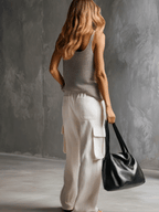 Vacation Retro Gray Mesh Knit Vest And White Cotton Linen Work Pants Set
