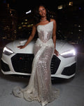Glittering Pleated Sequins Straight Across Mermaid Sleeveless Prom Dress YK0320
