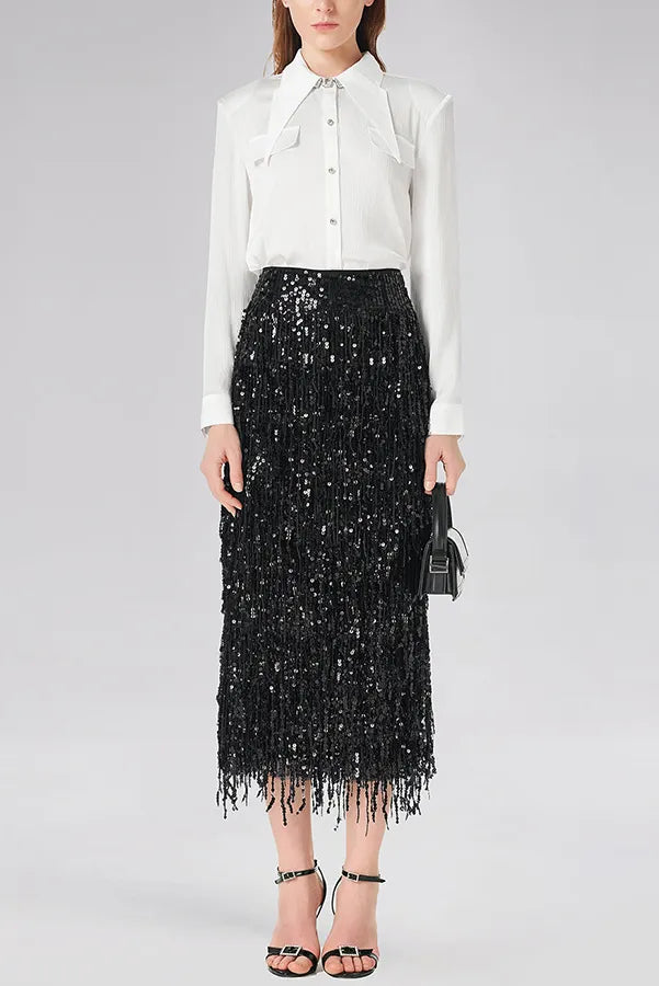 Evening Charm Layered Sequined Tassels High Rise Back Zipper Slit Midi Skirt