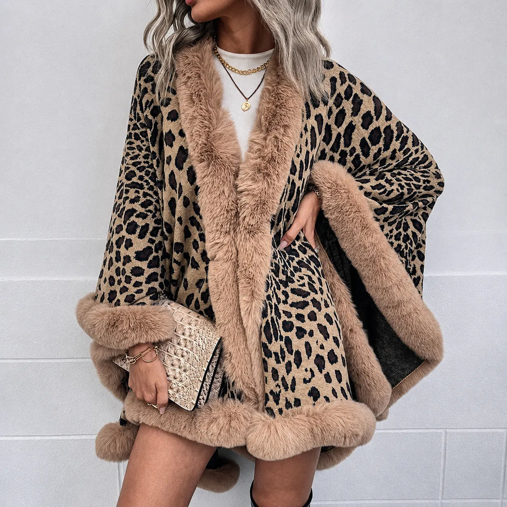 Leopard Faux Fur Trim Poncho