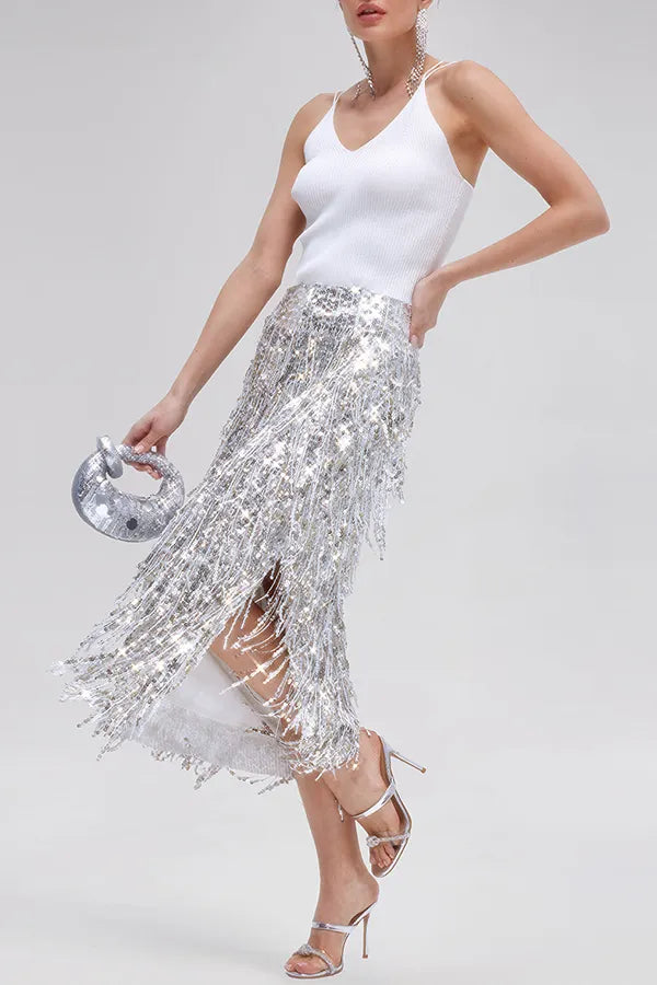 Evening Charm Layered Sequined Tassels High Rise Back Zipper Slit Midi Skirt