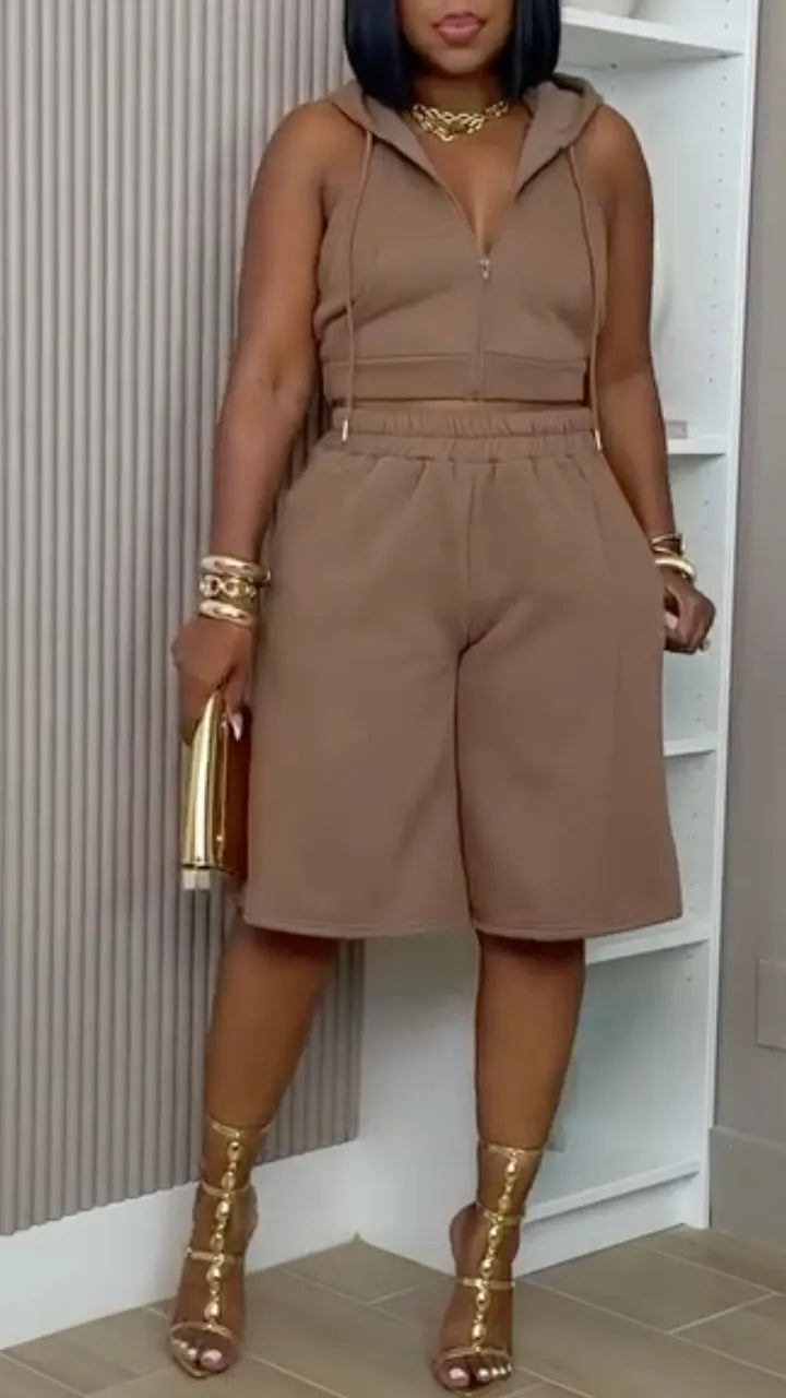 Hooded Zip Top And Bermuda Shorts Two Piece Set