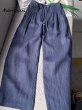 🔥Limited time promotion Women's Solid Color Pleated Drawstring Casual Cotton and Linen Wide Leg Pants