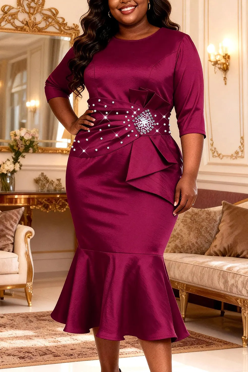 Round Neck Half Sleeve Rhinestone Pearls Fishtail Gowns Midi Dresses-Blue