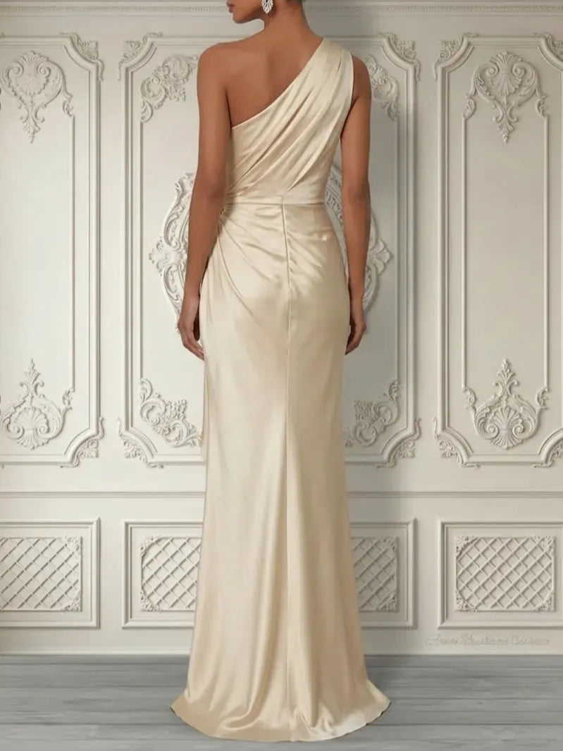 Champagne 3D Floral Ruched Satin One Shoulder Sleeveless Sheath Floor-length Gown Dress