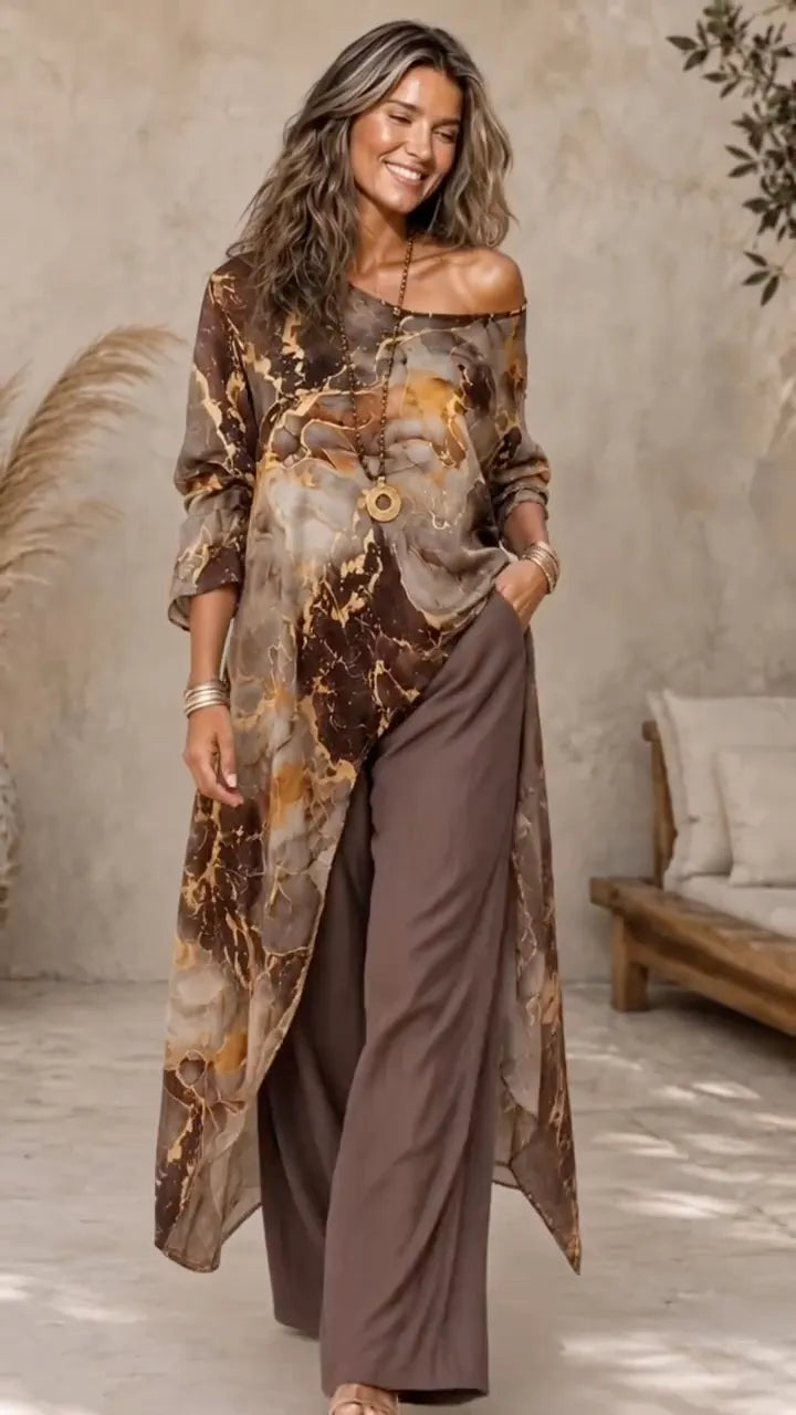 # Bohemian Printed Long Kimono And Wide‑Leg Pants Two‑Piece Set