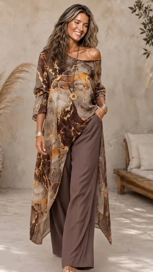 # Bohemian Printed Long Kimono And Wide‑Leg Pants Two‑Piece Set