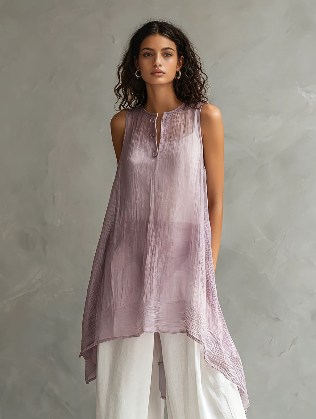 Women's Casual Sleeveless Light Purple Chiffon Blouse Paired With Cotton-linen Trousers (includes A Camisole) MDZ0948F1LXY