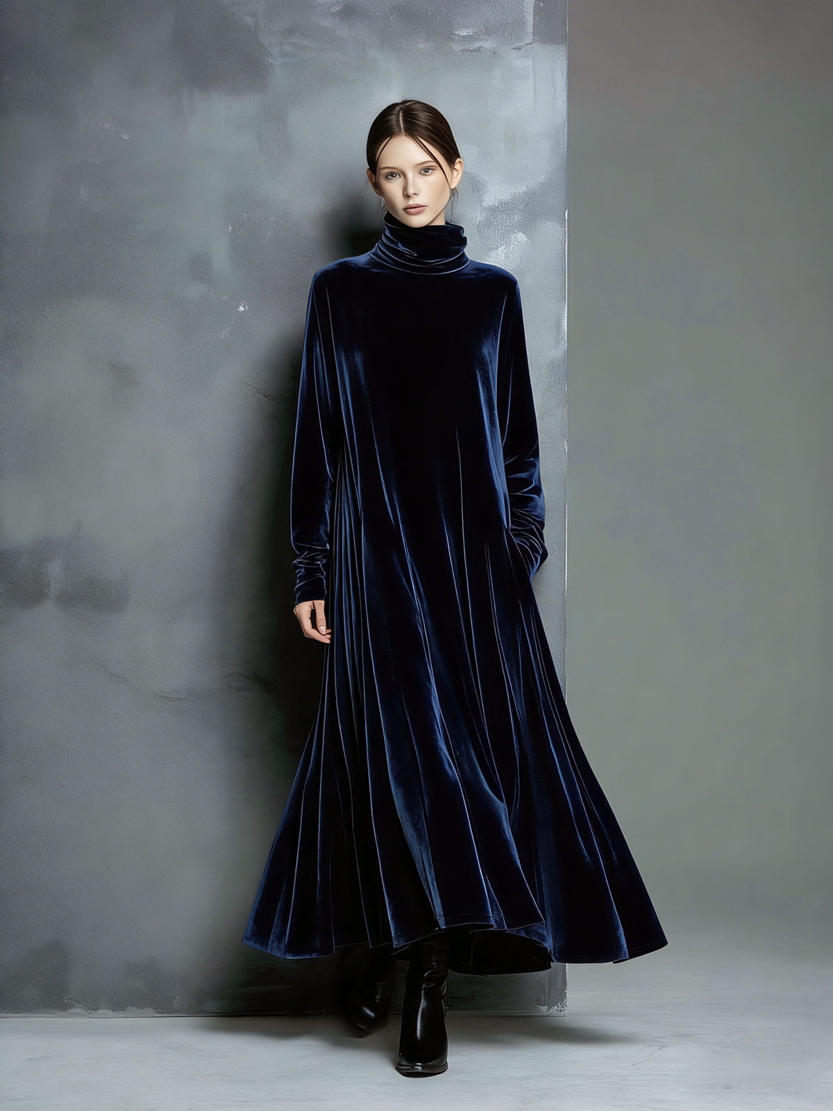Women's Elegant Navy Blue Velvet High-neck Long-sleeved Loose-fitting Maxi Dress MDZ1680A8AN