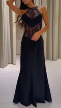 Black Halter Lace Satin Mermaid Evening Gown