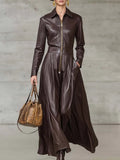 Exquisite Temperament Front Zipper Long Sleeve High-quality Brown Leather Maxi Dress
