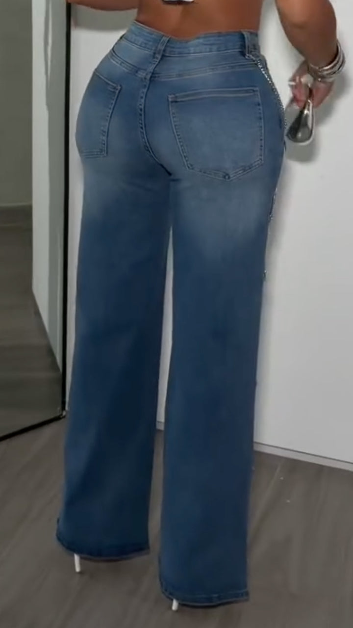 Rhinestone Applique Wide Leg Jeans