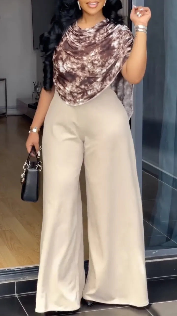 Abstract Print Draped Cape Top & Solid Wide Leg Pants Two Piece Set