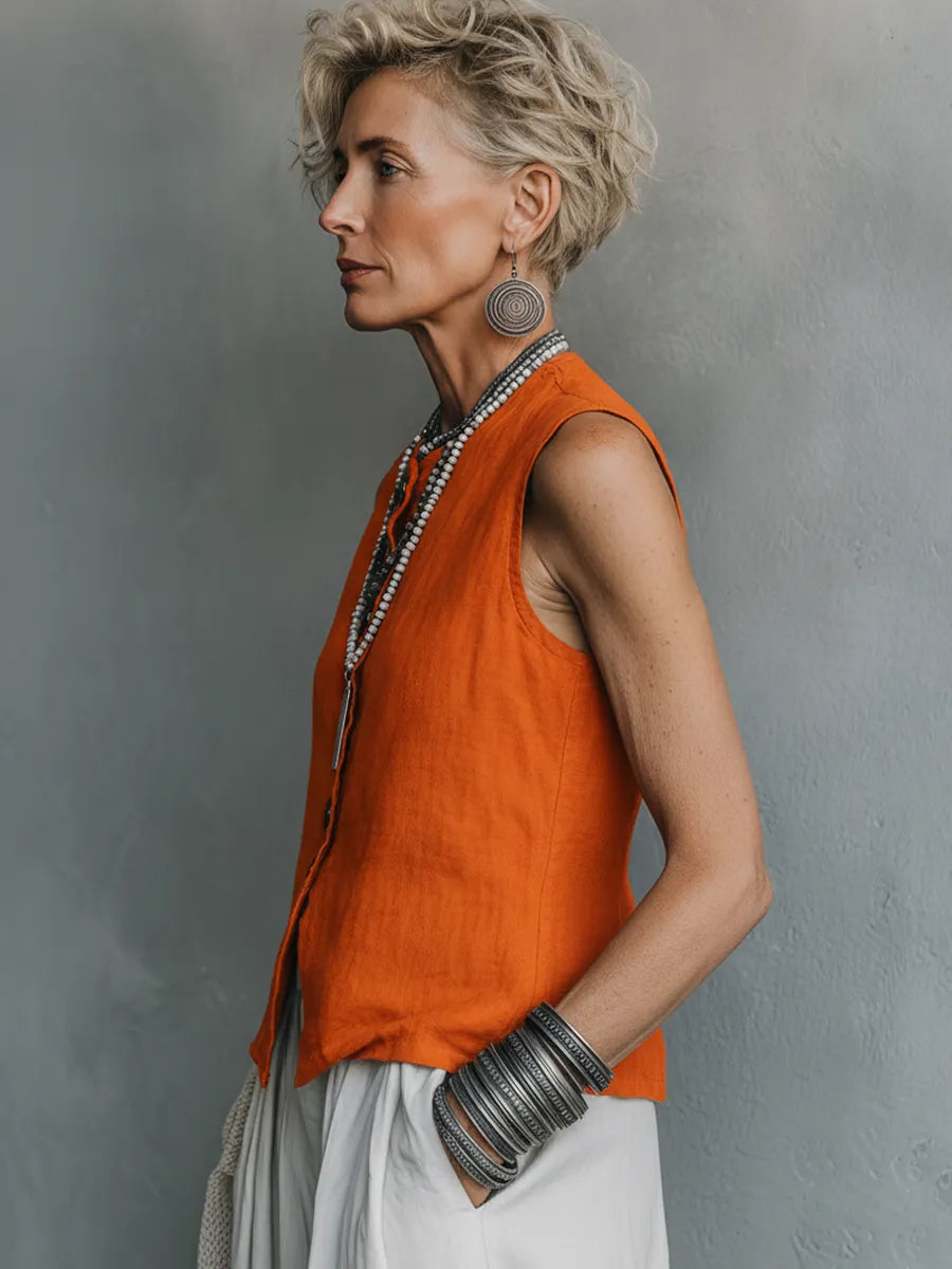 Women's Casual Vintage Cotton-Linen Single-Breasted Vest ZMZ1658F0ZYY
