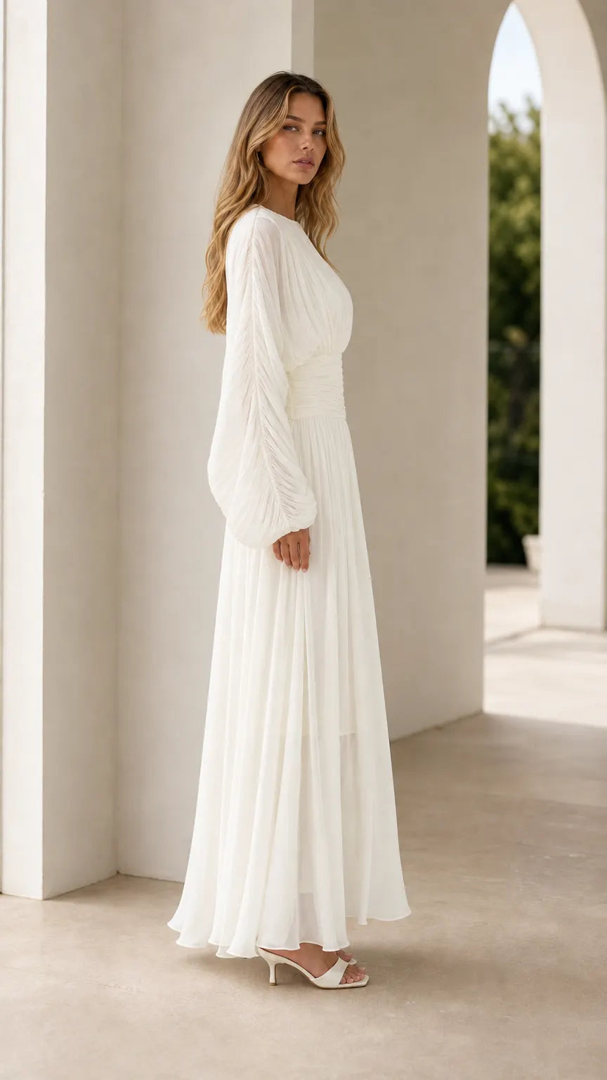 Elegant Pleated Long Sleeve Chiffon Maxi Dress with Ruched Waist