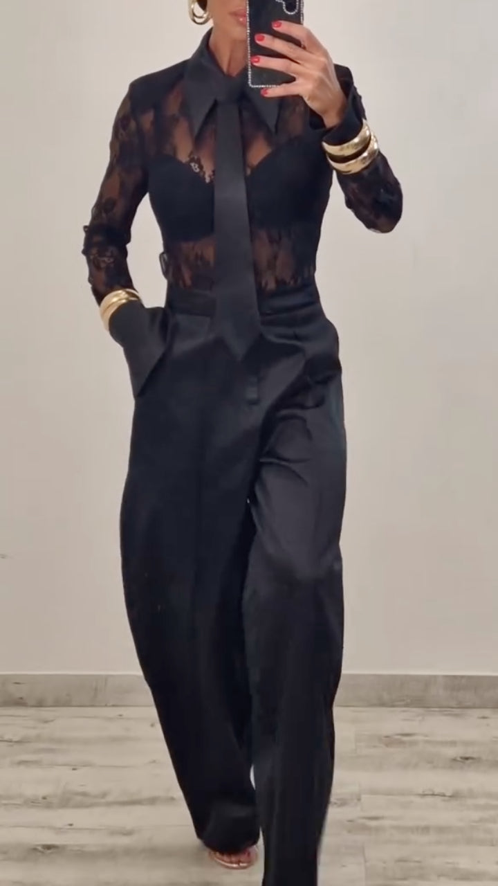 Black Floral Lace Shirt and Wide-Leg Pants Set