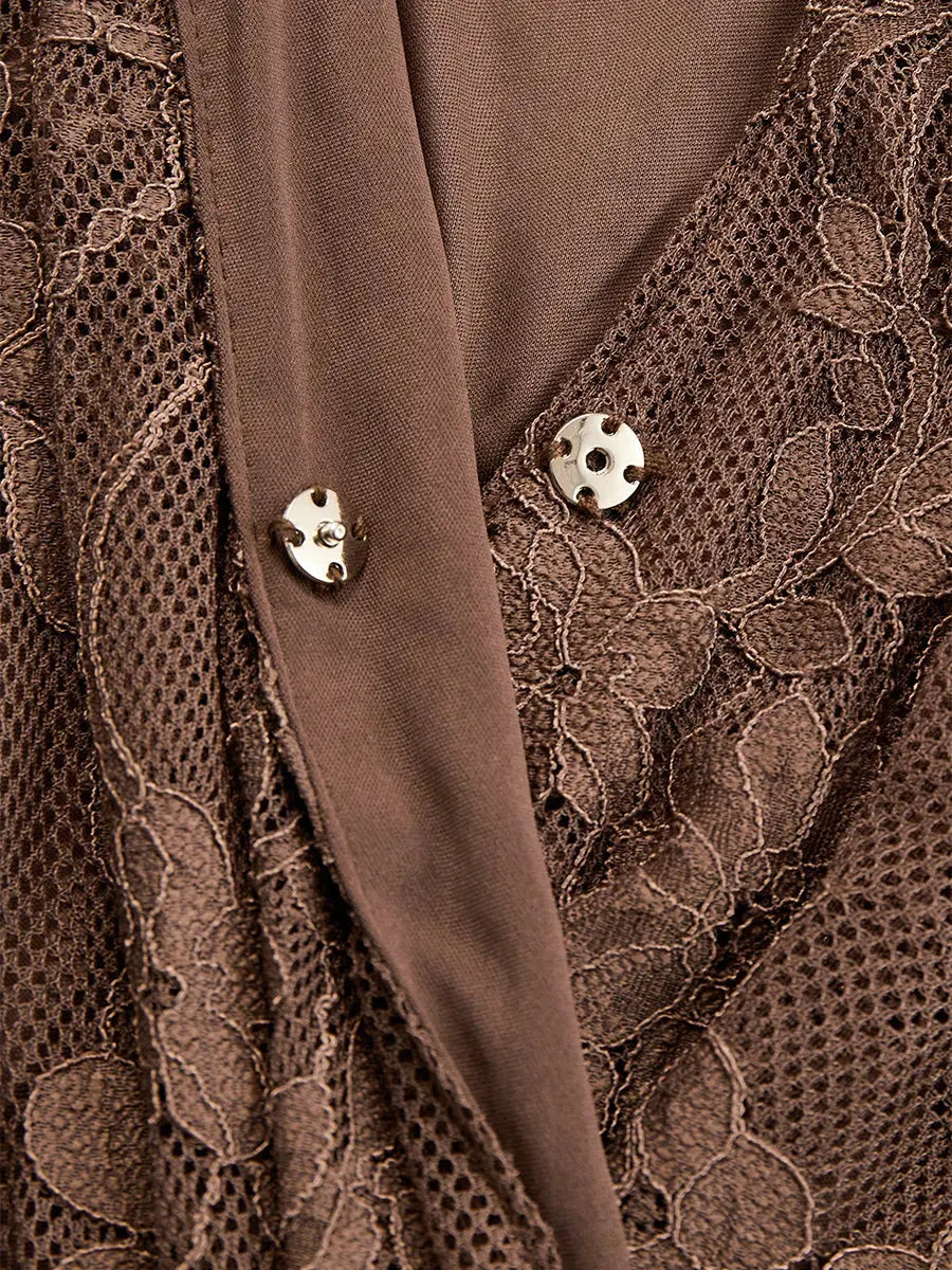 Elegant Brown Lace Front Slit Long Sleeve Maxi Dress