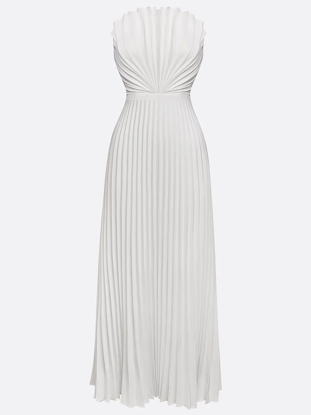 White Pleated Satin Strapless Sleeveless A-Line Maxi Dress