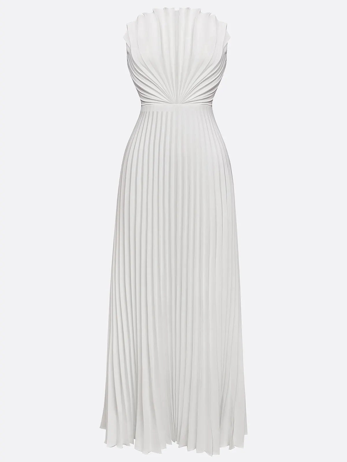 White Pleated Satin Strapless Sleeveless A-Line Maxi Dress