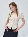 Off-white floral fitted waist puff sleeve top